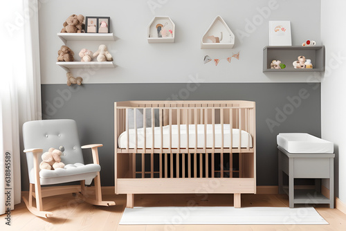 Baby bed standing between low cupboard and chair, lamp and bench in nursery interior with wooden floor and gray wall with moldings