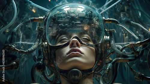 The young humanoid female head is connected to a super computer  symbolizing artificial intelligence. Futuristic illustration of the relationship between humans and neural networks. Copy space