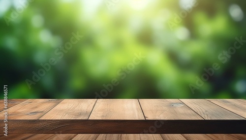 wooden table blur and green background