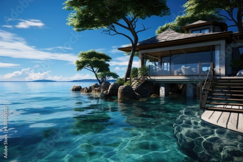 A house sitting on the edge of a body of water. Digital image.