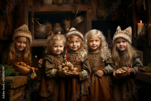 Children on christmas eve, girls holding baubles in their hand, greeting card, winter season, generative AI