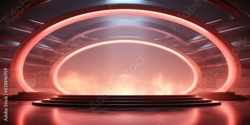 An empty stage with a bright light coming out of it. Digital image.
