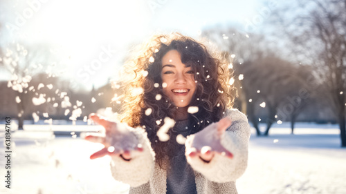 Young beautiful woman throwing snow in the air at sunny winter day. Expressing positivity, true brightful emotions. The concept of portrait in winter snowy weather. photo