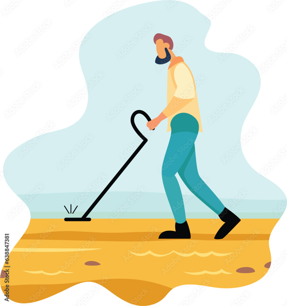 Man with a metal detector on a beach flat style stock vector image, Guy walking with a pulse induction metal detector, searching for metal objects on the beach stock vector image