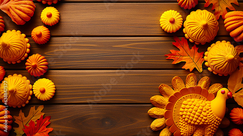 Thanksgiving background with copy space decorated with turkey dish and fall harvest
