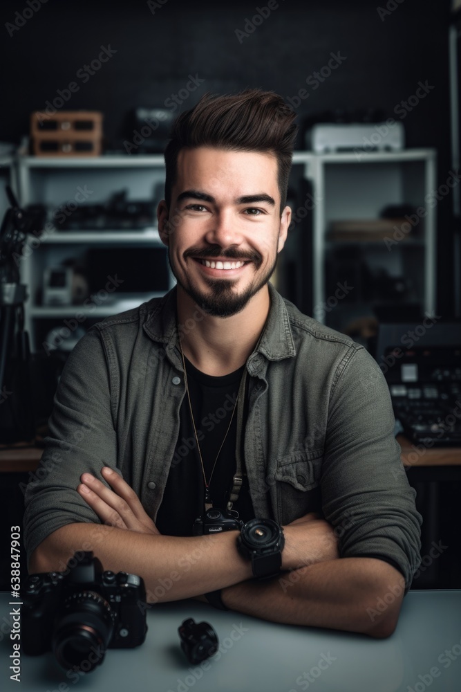 portrait of a smiling photographer at his workplace portrait of a smiling photographer at his workplace