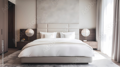 Venture into a minimalist bedroom that champions solitude and rest. A platform bed  with its understated design  is dressed in organic cotton linens in shades of gray and white. Flanking the bed are t