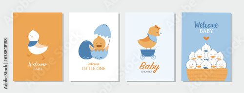 Set of baby shower invitations cards with babies boy and girl,cute design,poster,template,chick,Vector illustrations. © issaystudio