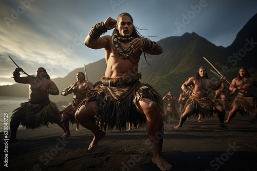 Maori Haka dance is distilled into a single frame. With warriors performing their vigorous movements