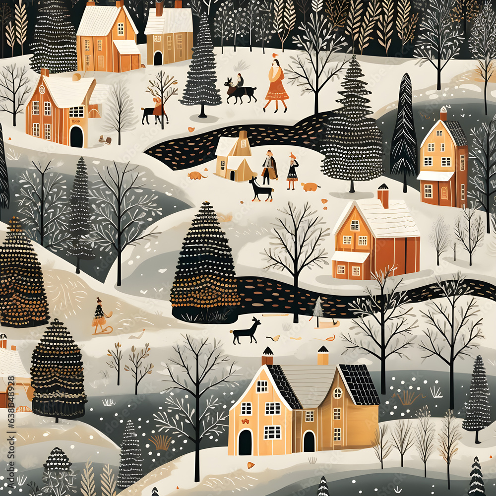 scandinavian folk art, wallpaper, traditional patterns, village in winter
 - obrazy, fototapety, plakaty 
