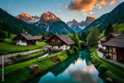 Swiss landscape with river stream and houses