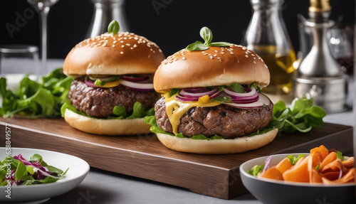 Hot burgers with beef cutlet lie on a plate in a beautiful serving with herbs and vegetables on the table