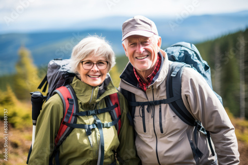 Happy senior couple trekking in mountains. Active elderly people