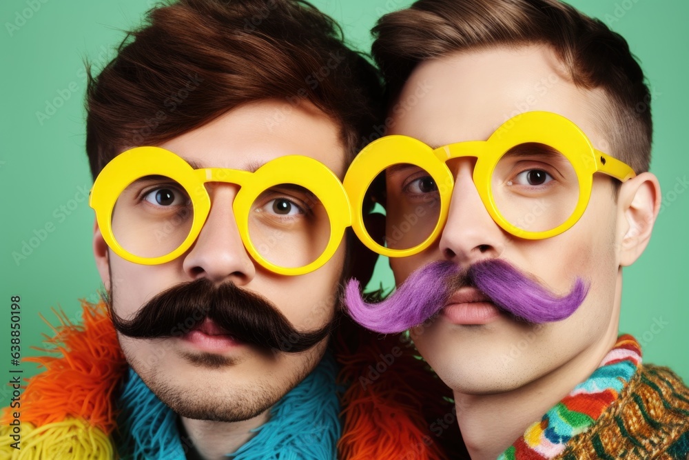 two friends with creative eye wear, a mustache and silly glasses