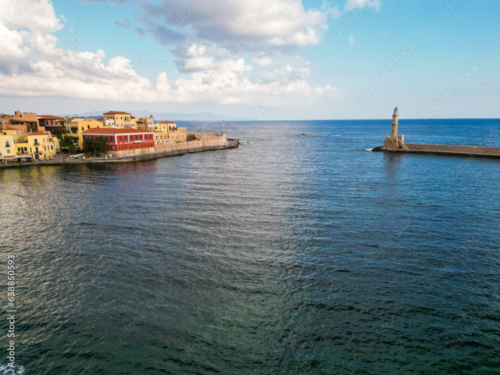 Aerial photo of Chania old harbor on a beautiful day Aerial photo of Chania old harbor on a beautiful day