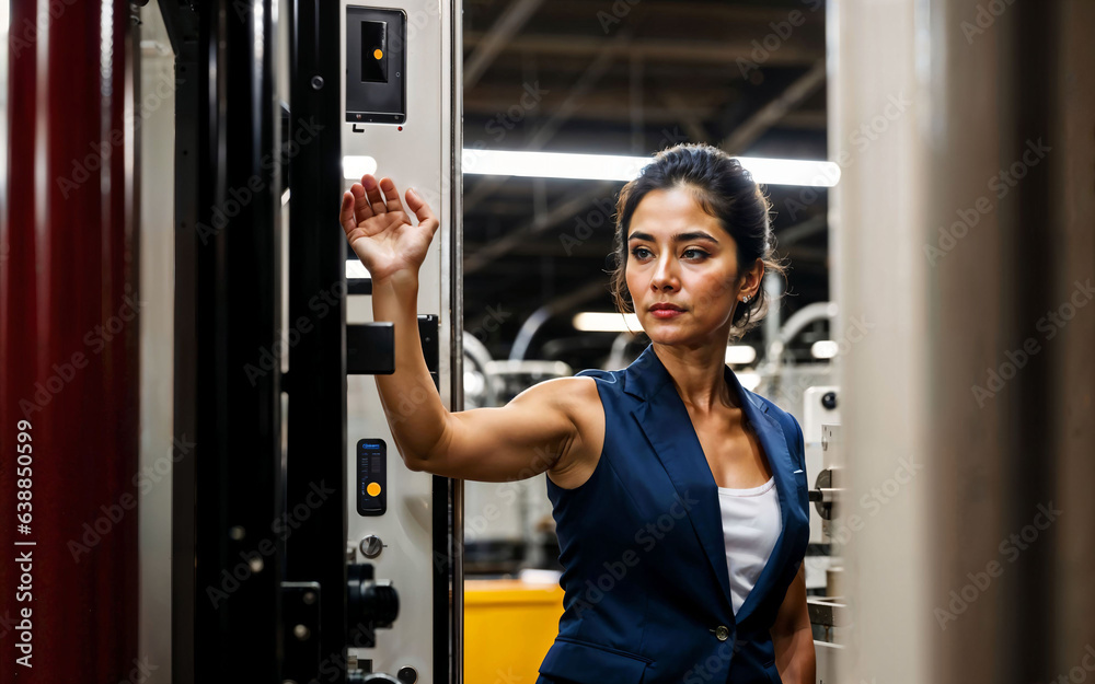 photo of working entrepreneur woman at factory with machine and worker, generative AI