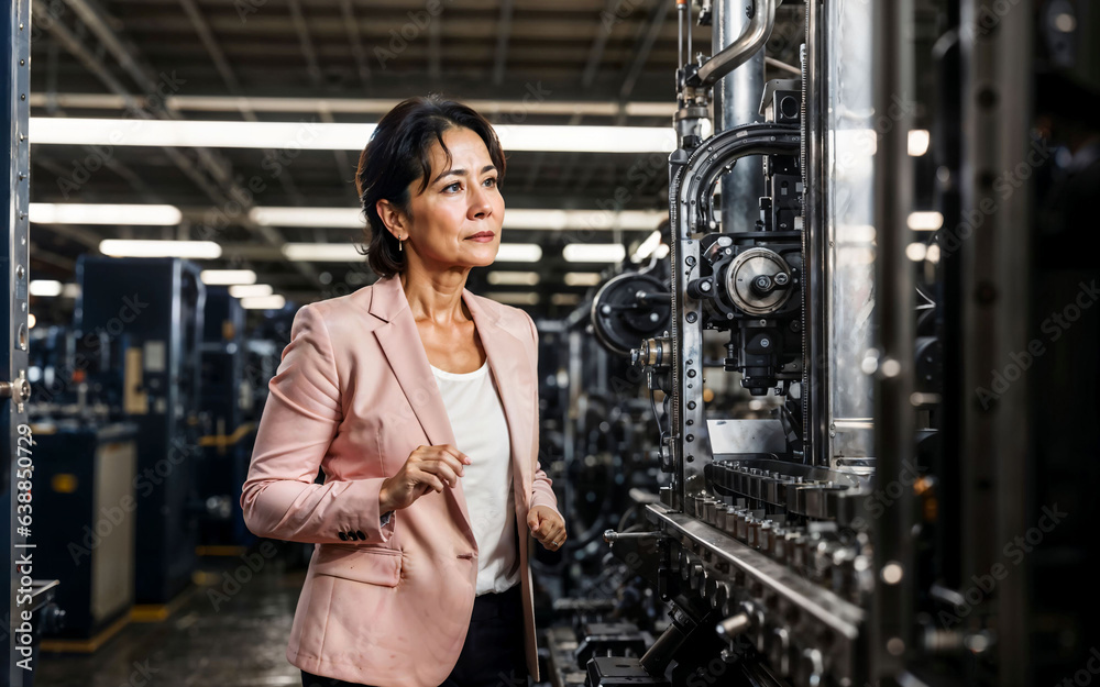photo of working entrepreneur woman at factory with machine and worker, generative AI photo of working entrepreneur woman at factory with machine and worker, generative AI