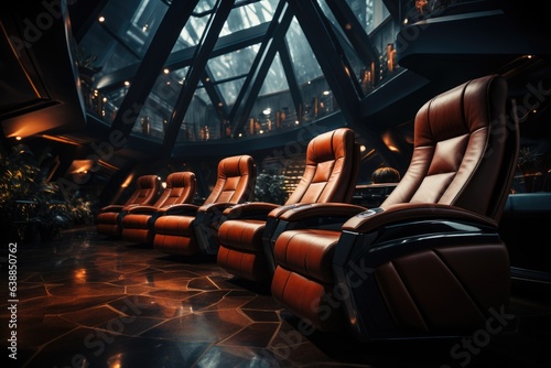 A row of brown leather recliners in a dark room. Digital image.