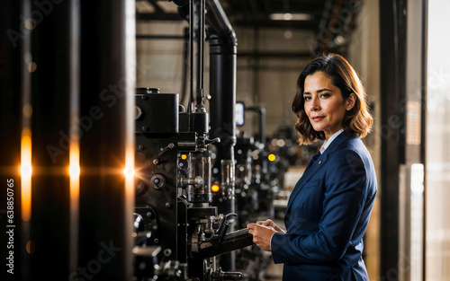 photo of working entrepreneur woman at factory with machine and worker, generative AI