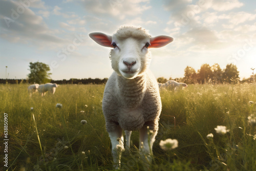 field meadow sheep green grass sun animal farm wool lamb. Generative AI.