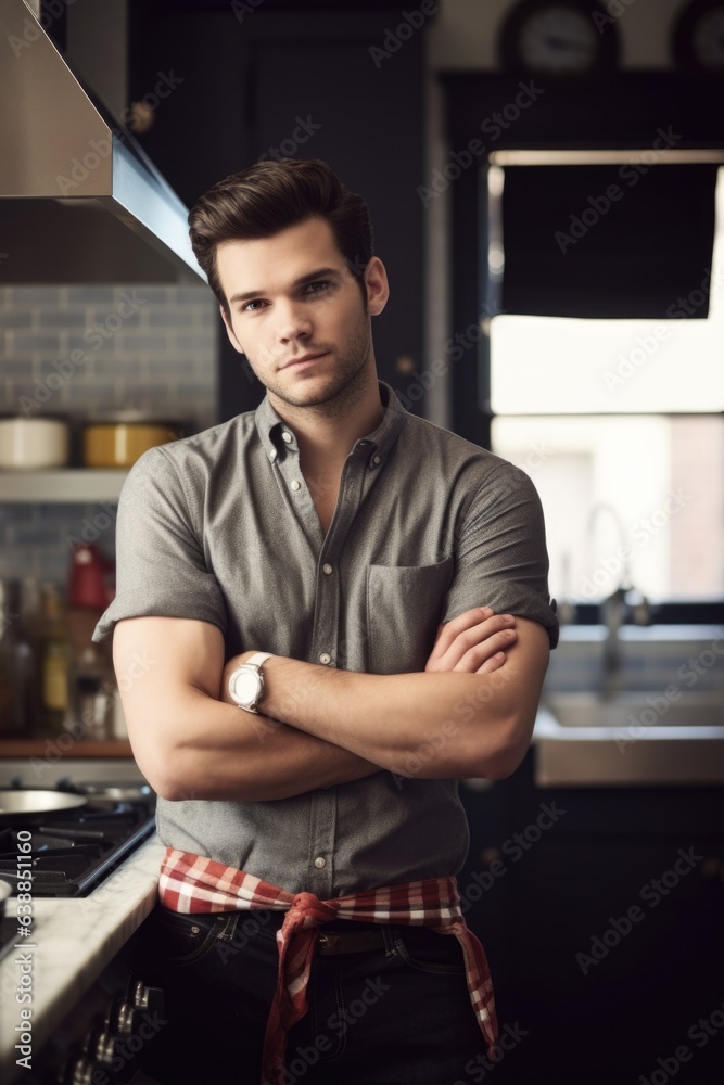 portrait of a handsome man standing in his kitchen portrait of a handsome man standing in his kitchen