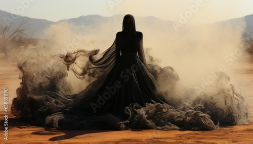 Woman witch in a black long dress without a face, black ghost of an evil spirit on fire in a deserted hellish earth.Created in ai