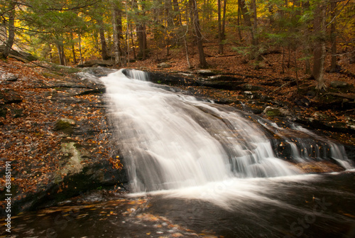 New England waterfalls in autumn. Cascading smooth flowing waterfall with fallen leaves. Waterfall flowing from stream in forest. 