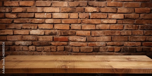 Minimalist elegance. Empty room with wood and brick accents. Vintage Old wooden table and bricks wall set scene. Creative spaces. Designing with blocks backdrops