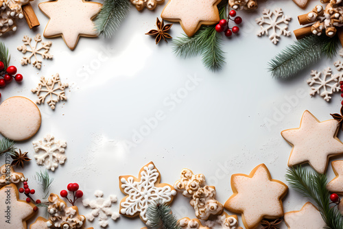 Christmas cookies and decorations on a white background Top view with copy space