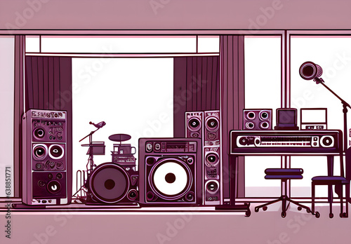 Recording studio control room with professional equipment. Isometric color illustration with loudspeakers  guitar and control panels. Radio booth for singers and bands. Song audio recording concept  G