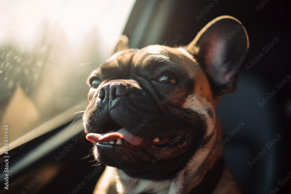 Panting French Bulldog dog locked inside a car in summer. 