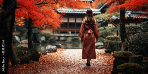 A girl walking in a Japanese temple garden in Kyoto. Autumn fall season, with red maple leafs.