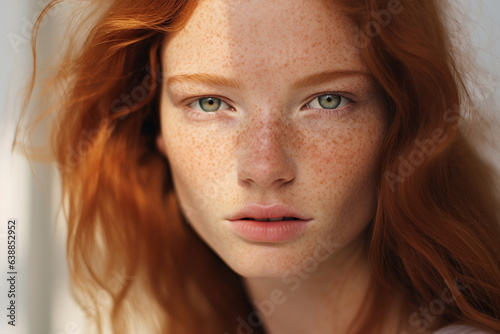 Face of beautiful woman with red hair and freckles photo