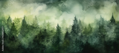Watercolor painting of green forest woods trees  hand drawn fir and spruce trees  landscape .background illustration
