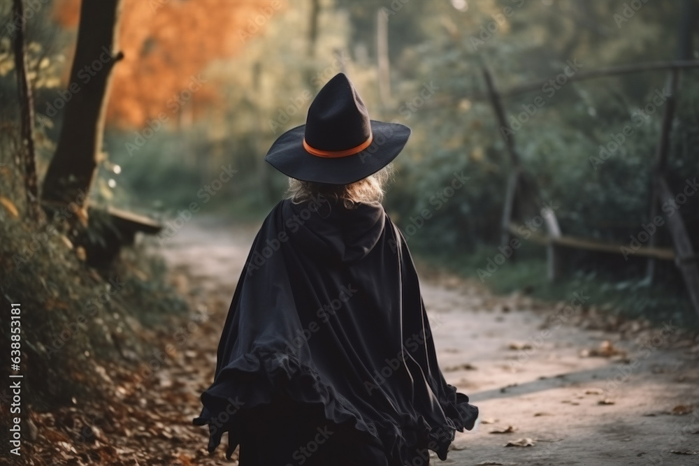 Back view of child in black Halloween witch costume Back view of child in black Halloween witch costume