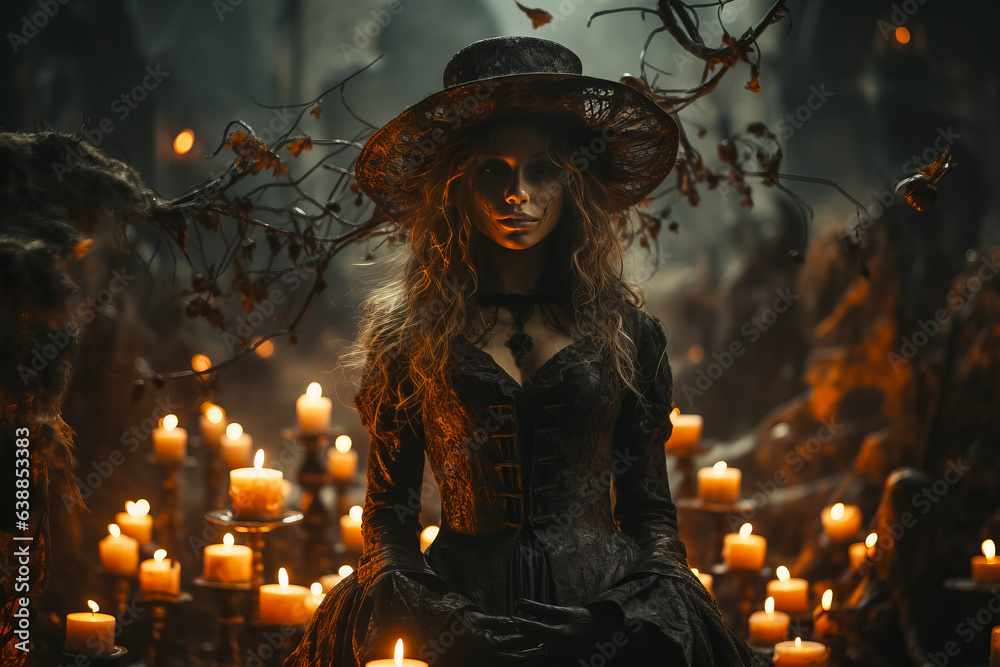 Halloween Witch girl makes witchcraft used magic ball, spells. Wide Halloween party art design Halloween Witch girl makes witchcraft used magic ball, spells. Wide Halloween party art design