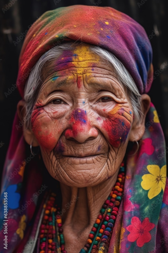shot of a woman wearing colorful finger prints on her face shot of a woman wearing colorful finger prints on her face