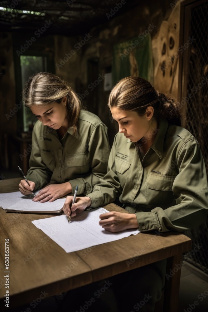 two female zookeepers inside a zoo working on paperwork two female zookeepers inside a zoo working on paperwork