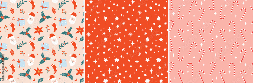 Christmas pattern set with stars and sparkles, winters flowers, holly leaves and Santa. Background for fabric, gift wrap, wallpaper etc. 