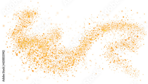 Golden scattering of small particles of sugar crystals  flying salt  top view of baking flour. Golden powder  powdered sugar explosion isolated on transparent background. PNG.