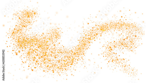 Golden scattering of small particles of sugar crystals, flying salt, top view of baking flour. Golden powder, powdered sugar explosion isolated on transparent background. PNG.