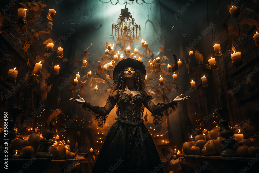 Halloween Witch girl makes witchcraft used magic ball, spells. Wide Halloween party art design Halloween Witch girl makes witchcraft used magic ball, spells. Wide Halloween party art design