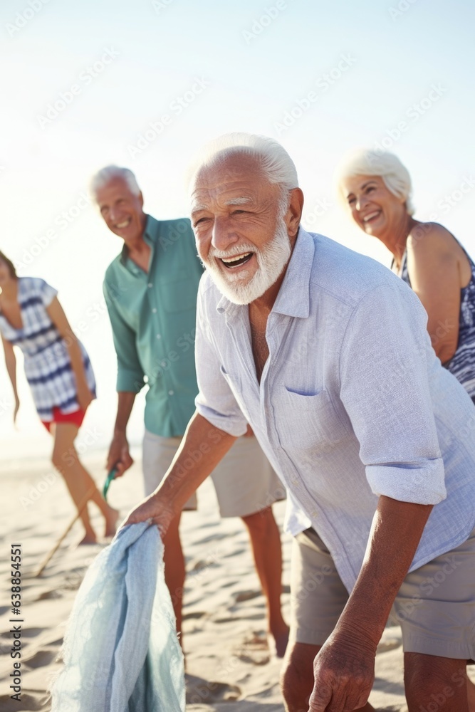 shot of a senior man cleaning up the beach with his friends shot of a senior man cleaning up the beach with his friends