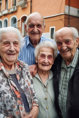 portrait of a group of seniors smiling together on the street
