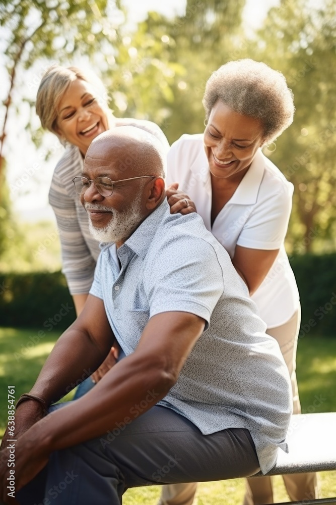 shot of a senior man being helped up by another woman while they relax together outside shot of a senior man being helped up by another woman while they relax together outside