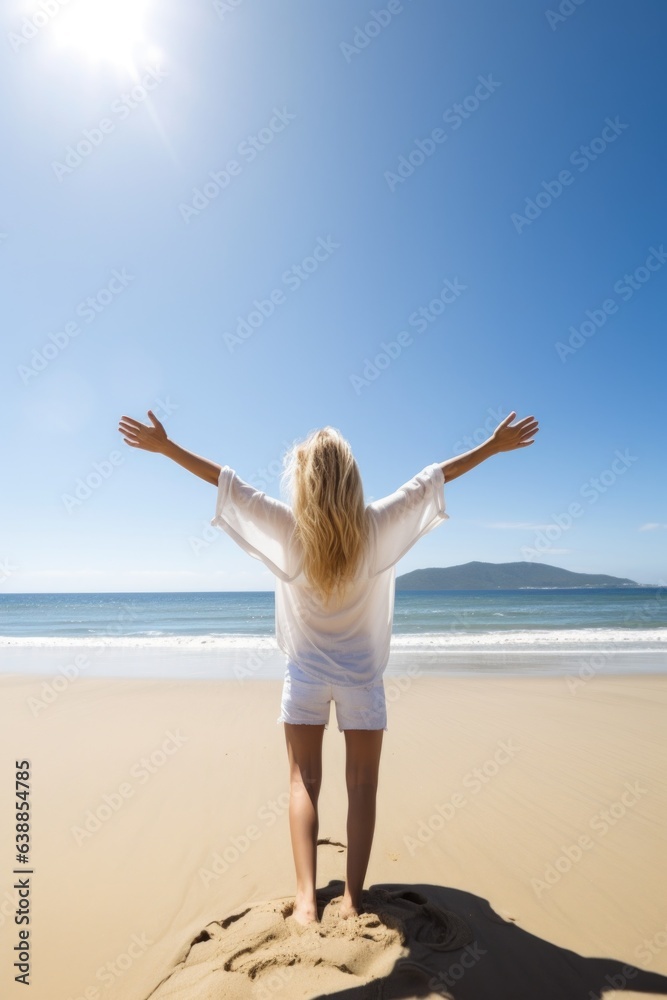 rearview shot of an attractive young woman standing with her arms outstretched on the beach rearview shot of an attractive young woman standing with her arms outstretched on the beach