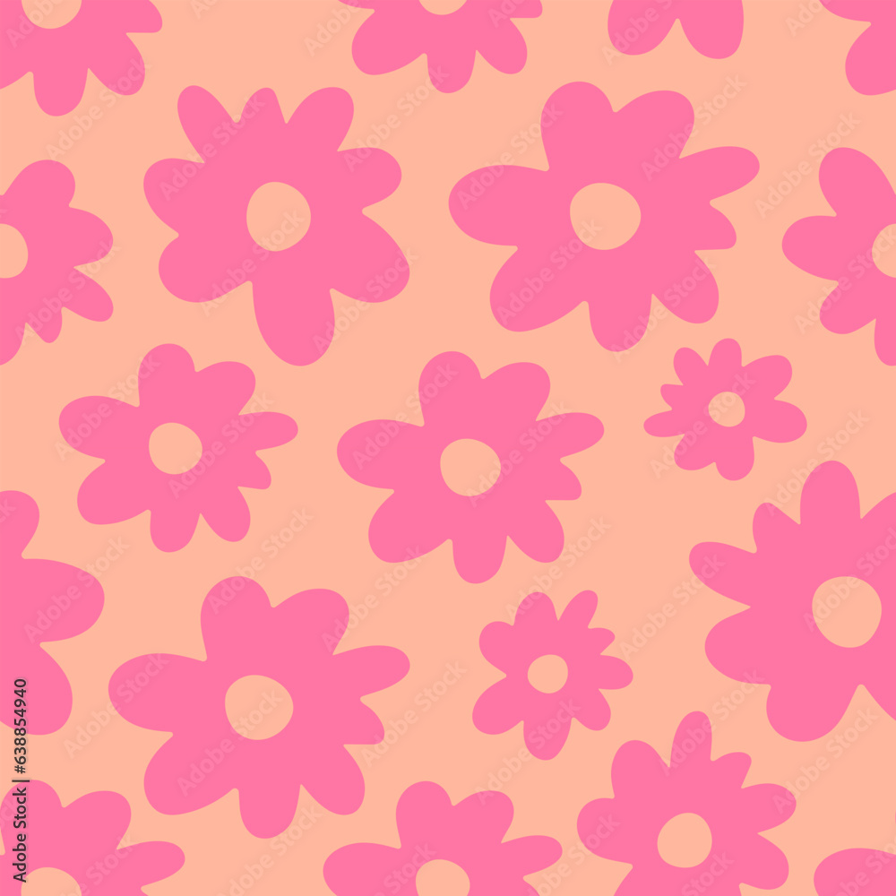 Vector. Abstract Groovy Flowers Pattern. Doodles.Trendy Floral Background in 1970s Hippie Retro Style Print for Textile,Fabric Wrapping Paper,Packaging Web Design and Social Media. Pink.Pastel Colors.