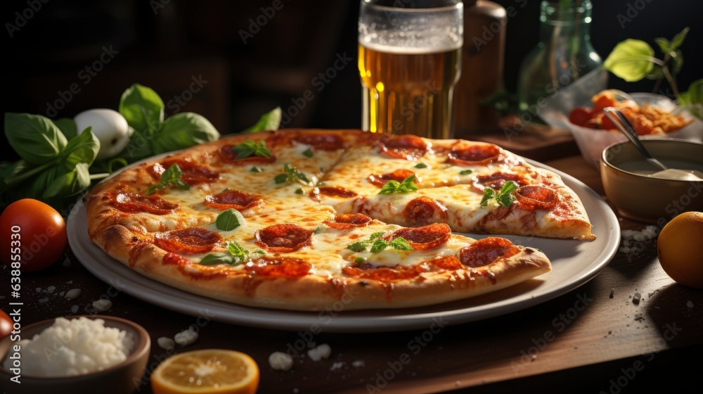 The pizza is covered with cheese and pepperoni and is being served on a white plate The pizza is covered with cheese and pepperoni and is being served on a white plate