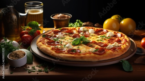 The pizza is covered with cheese and pepperoni and is being served on a white plate