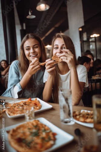 friends, girl and happy on phone for pizza in restaurant to celebrate, relax or smile with food